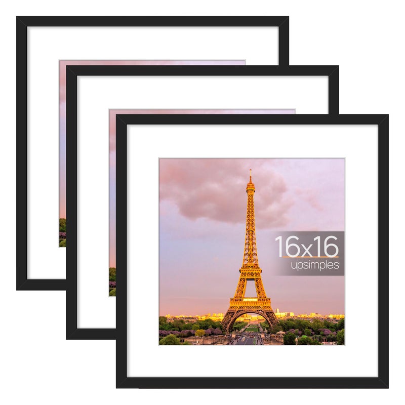 upsimples 16x16 Picture Frame Set of 3 Made of High Definition Glass for 12x12 with Mat or 16x16 Without Mat Wall and Tabletop Display Photo Frames Black