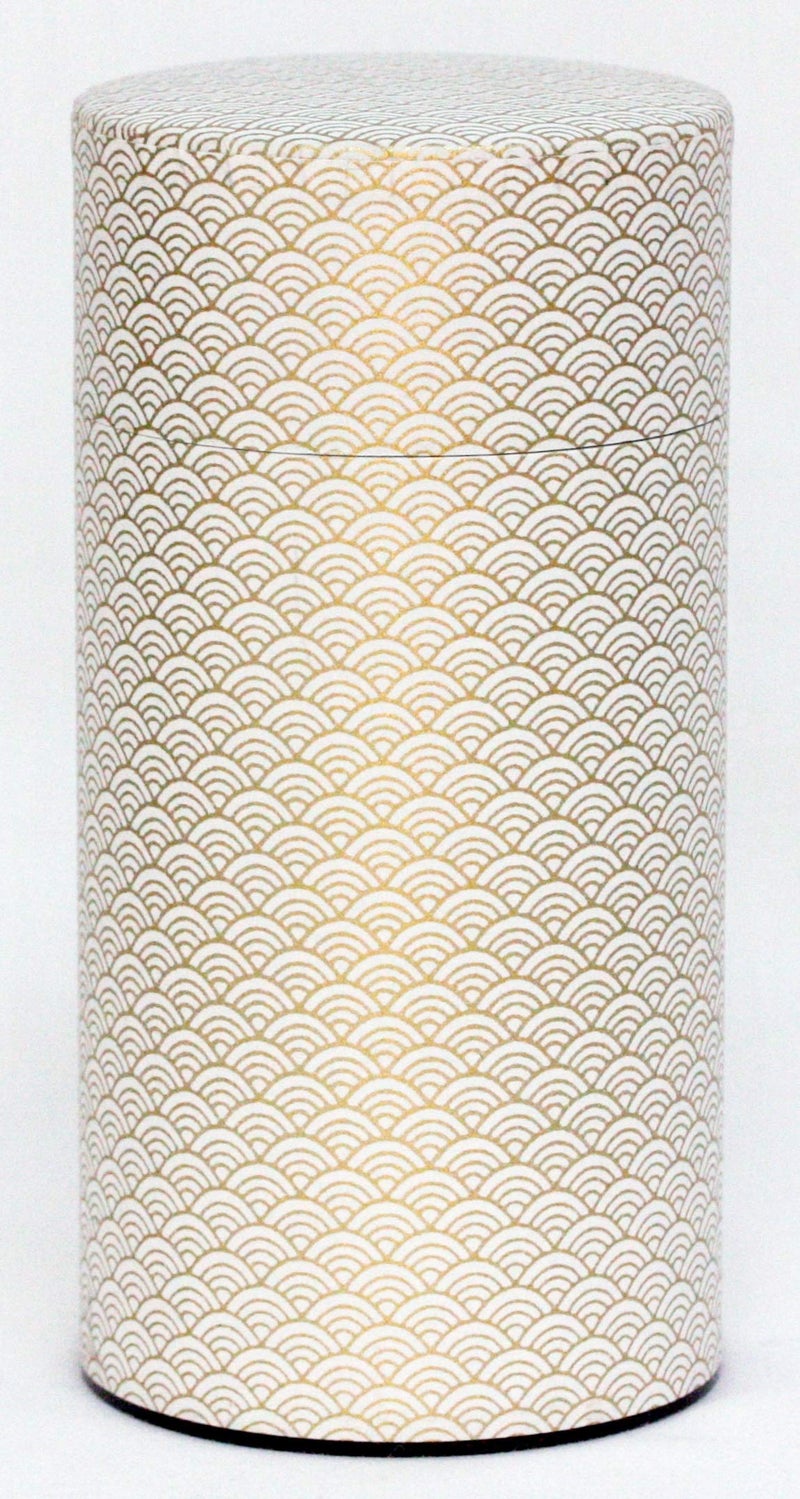 KOTODO Washi Paper Tea Tin Canister Long 7oz 200g White Waves with Gold Outlines 1 Japan