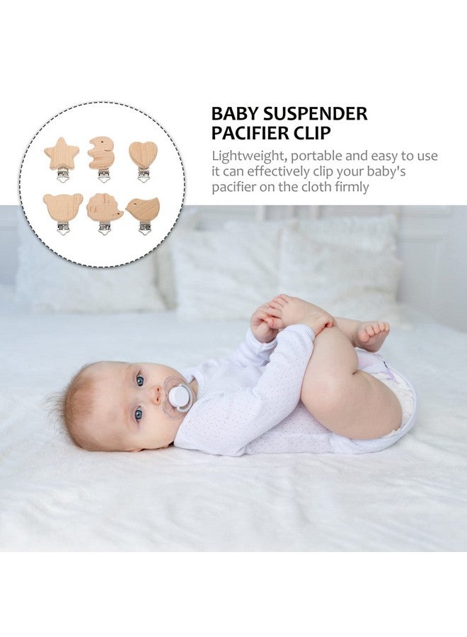 Garneck 6 قطع مشابك مصاصة خشبية طبيعية على شكل حيوانات من خشب الزان لطيفة، ملحقات سلسلة مصاصة بتصميم مختلط - Image 4