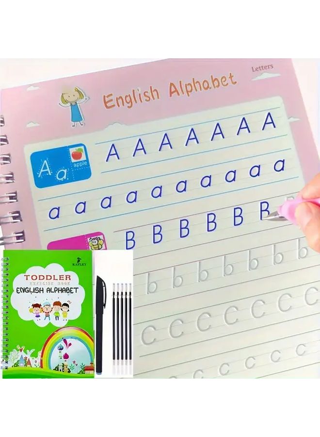 دفتر تدريب الخط ثلاثي الأبعاد الأخضر القابل لإعادة الاستخدام للشباب - كتاب تعلم الرسم والرياضيات والإنجليزية - Image 1