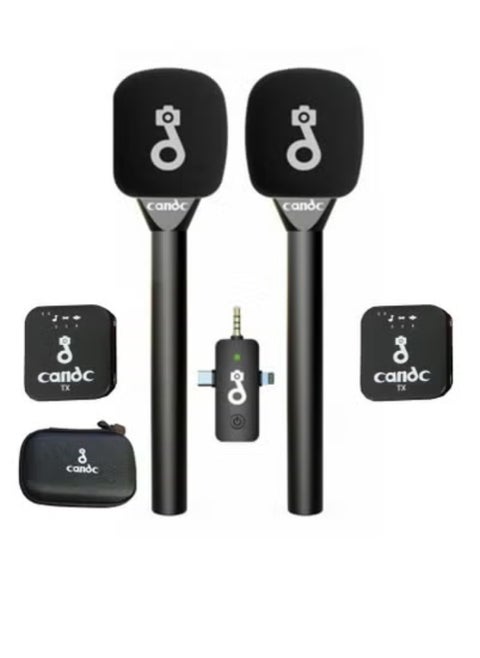 Interview 3-in-1 Wireless Lavalier Microphone System – Dual Wireless Clip-On Mics with Noise Cancellation – 2 Transmitters & 1 Receiver – 8-Hour Battery Life – Compatible with Smartphones, Cameras, Laptops – Ideal for Vlogging, YouTube, TikTok, Podcasting & Live Streaming