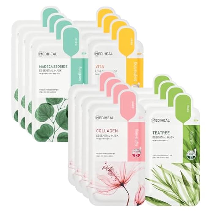 Mediheal Sheet Mask New Essential HERO 16 pack (Collagen, Tea Tree, Madecassoside, Vita) | Korean Skincare Facial Sheet Mask Combo Kbeauty Korean Glass Skin - Image 1