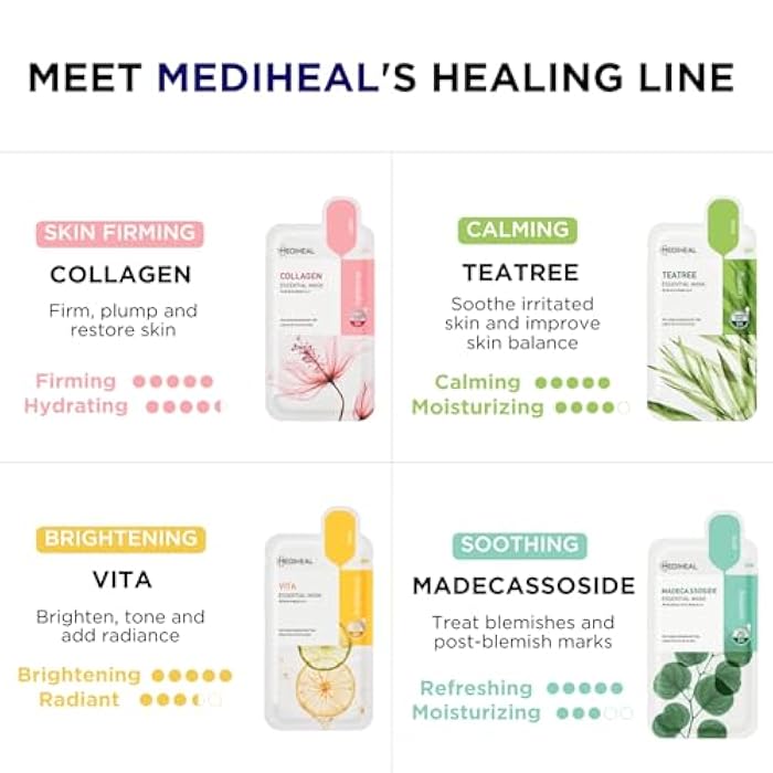Mediheal Sheet Mask New Essential HERO 16 pack (Collagen, Tea Tree, Madecassoside, Vita) | Korean Skincare Facial Sheet Mask Combo Kbeauty Korean Glass Skin - Image 2