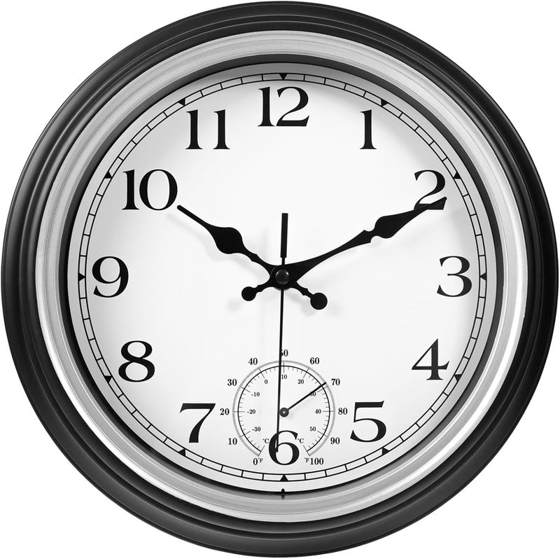 JoFomp Large Waterproof Outdoor Clock with Thermometer Combo - 12 inch Silent Non Ticking Quartz Battery Operated Wall Clock for Patio, Home, Pool, Garden, Porch, Deck (Silver, 12 Inch) - Image 1