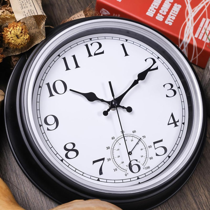 JoFomp Large Waterproof Outdoor Clock with Thermometer Combo - 12 inch Silent Non Ticking Quartz Battery Operated Wall Clock for Patio, Home, Pool, Garden, Porch, Deck (Silver, 12 Inch) - Image 2