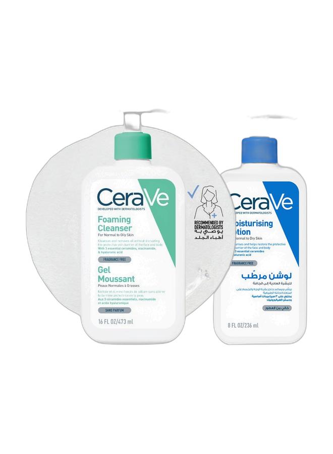CeraVe Foaming Cleanser For Normal to Oily Skin with Hyaluronic Acid 473ml & Moisturizing Lotion For Normal + Dry Skin with Hylarunoic Acid white 236ml Bundle - Image 1