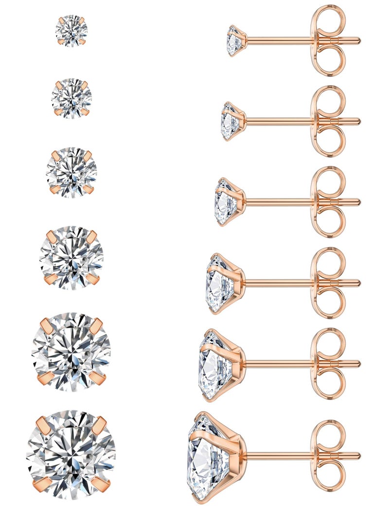 WSSXC 6 Pairs Stud Earrings Set, Hypoallergenic Cubic Zirconia 316L Earrings Stainless Steel CZ Earrings 3-8mm, Rose Gold (Rose gold) - Image 1