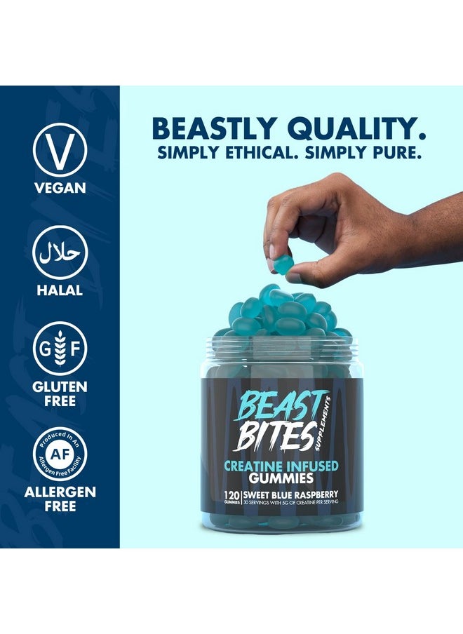 Beast Bites - Creatine Bites - 5G Creatine Monohydrate Per Serving - No Sugar Or Artificial Colors - Low-Calorie, Vegan & Halal - Made In The Usa - Blue Raspberry Flavor - 30 Gummies