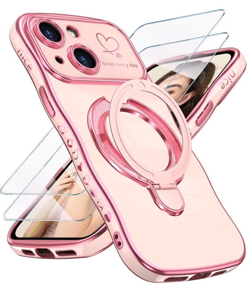 Liufcx for iPhone 14 Case with Screen Protector Luxury Plated Gold Cute Wavy Edge Love Heart Pattern Kickstand Case Slim Soft TPU Full Camera Shockproof Protection Cover for iPhone 14 Pink - Image 3