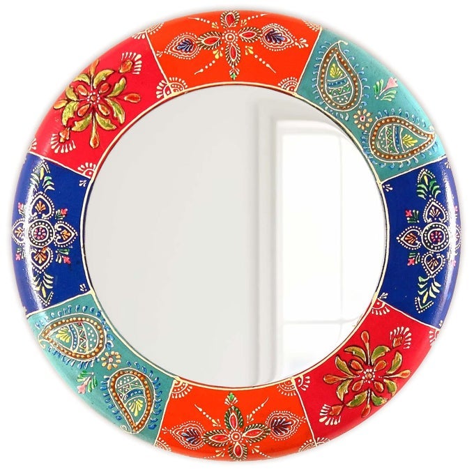 WOODEN HANDPAINTED ROUND MIRRORRAJASTHANI DECOR DECORATIVE WALL ARTSCULPTURE FOR HOME LIVING ROOMBEDROOMOFFICE 18 X 18 INCH AYMI010