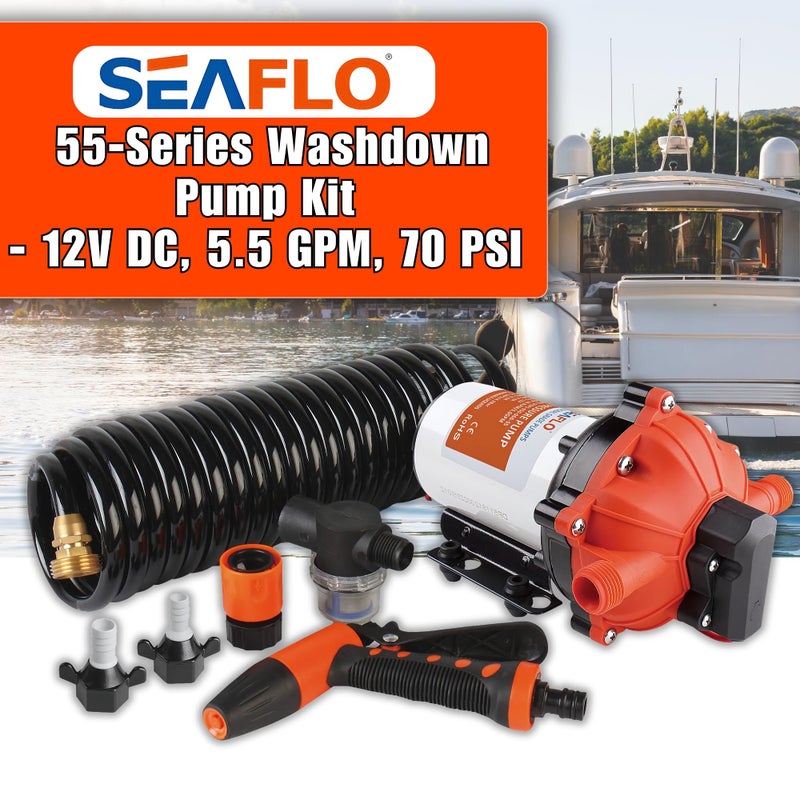 SEAFLO 55-Series Washdown Pump Kit - 12V DC, 5.5 GPM, 70 PSI, Self-Priming, Coiled Hose, Spray Nozzle, High Flow for RV, Boat, Off-Grid, Freshwater, and Saltwater Applications 4-Year Warranty - Image 2