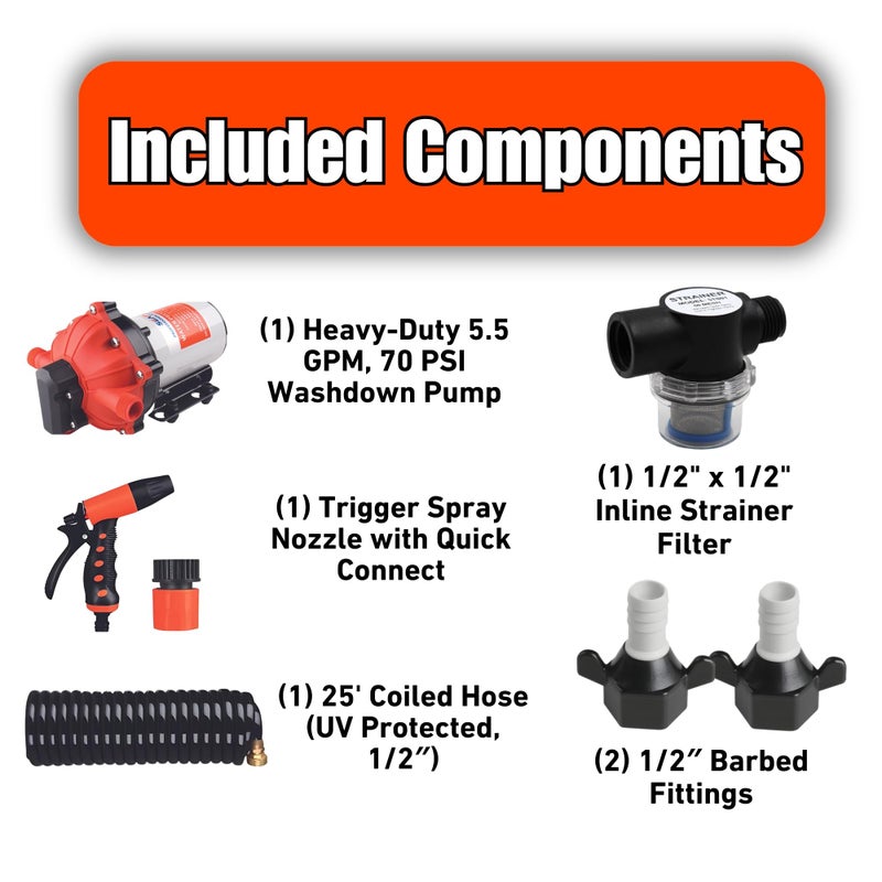 SEAFLO 55-Series Washdown Pump Kit - 12V DC, 5.5 GPM, 70 PSI, Self-Priming, Coiled Hose, Spray Nozzle, High Flow for RV, Boat, Off-Grid, Freshwater, and Saltwater Applications 4-Year Warranty - Image 3