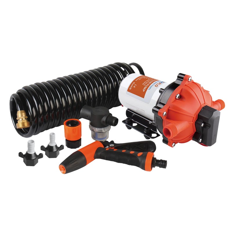 SEAFLO 55-Series Washdown Pump Kit - 12V DC, 5.5 GPM, 70 PSI, Self-Priming, Coiled Hose, Spray Nozzle, High Flow for RV, Boat, Off-Grid, Freshwater, and Saltwater Applications 4-Year Warranty - Image 1