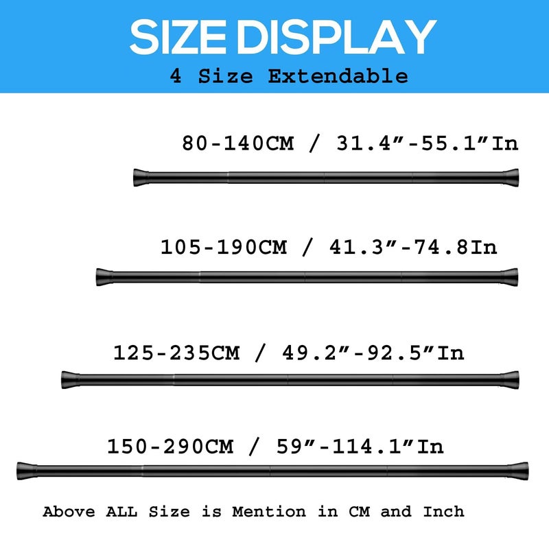 Raggle (105Cm To 190Cm) Shower Pole Extendable No Drill Tension Rods for Curtains Extendable Curtain Poles Shower Curtain Railfor Bathroom, Window, Door, Wardrobe (WHITE, 105-190CM) - Image 2