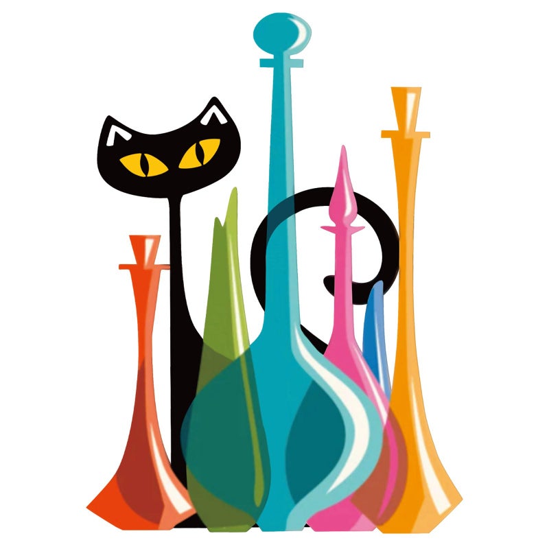 BrightRow Cat Metal Wall Art Decor Retro Mid Century Modern Atomic Cat Colorful Glass Decanters Wall Hanging Decor for Home Bedroom Living Room Bathroom Kitchen Office Garden - Image 1