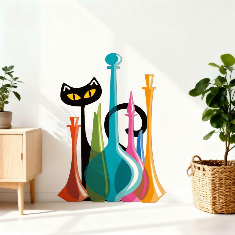 BrightRow Cat Metal Wall Art Decor Retro Mid Century Modern Atomic Cat Colorful Glass Decanters Wall Hanging Decor for Home Bedroom Living Room Bathroom Kitchen Office Garden - Image 3
