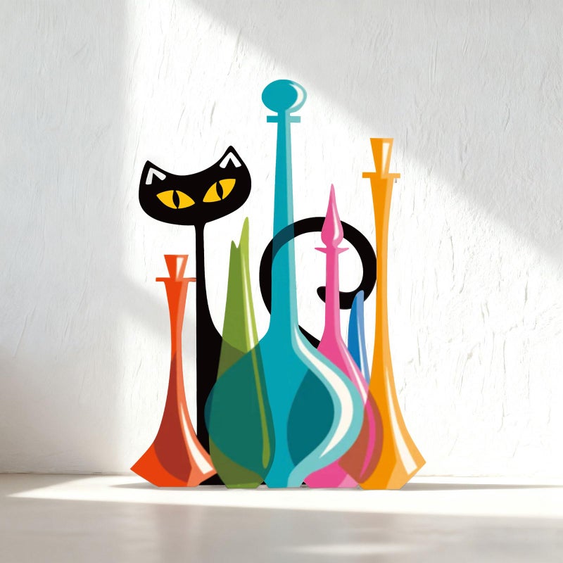 BrightRow Cat Metal Wall Art Decor Retro Mid Century Modern Atomic Cat Colorful Glass Decanters Wall Hanging Decor for Home Bedroom Living Room Bathroom Kitchen Office Garden - Image 4