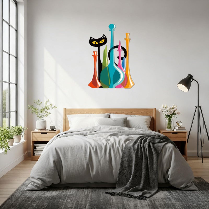 BrightRow Cat Metal Wall Art Decor Retro Mid Century Modern Atomic Cat Colorful Glass Decanters Wall Hanging Decor for Home Bedroom Living Room Bathroom Kitchen Office Garden - Image 5