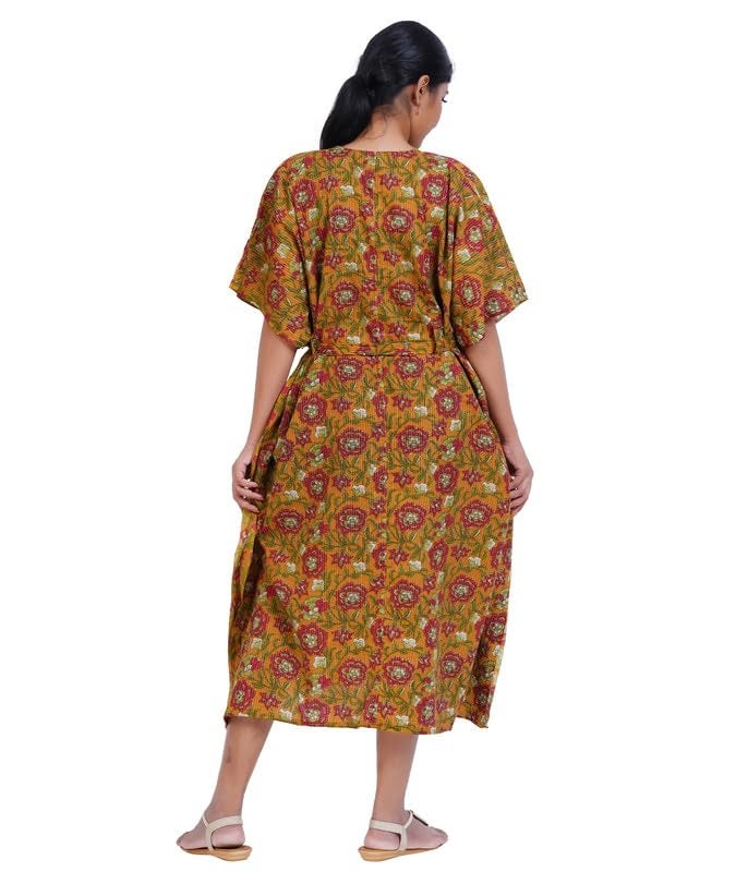 MENMAII Women's Full Open| Front Buttoned Multipurpose Kaftans for Pregnancy/Elderly/Patient/Feeding Purposes|Calf Length[Mustard Yellow Kantha Prints] - Image 5
