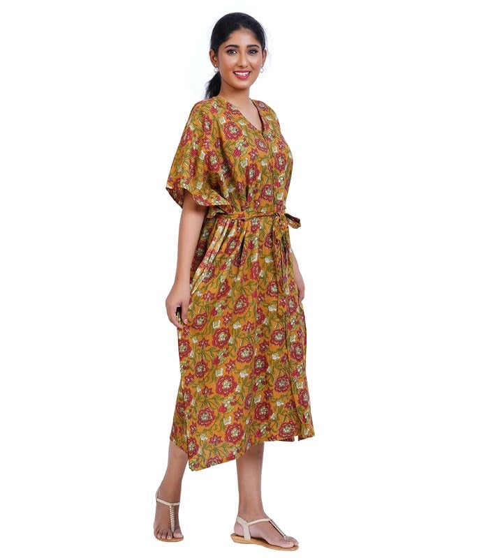 MENMAII Women's Full Open| Front Buttoned Multipurpose Kaftans for Pregnancy/Elderly/Patient/Feeding Purposes|Calf Length[Mustard Yellow Kantha Prints] - Image 2
