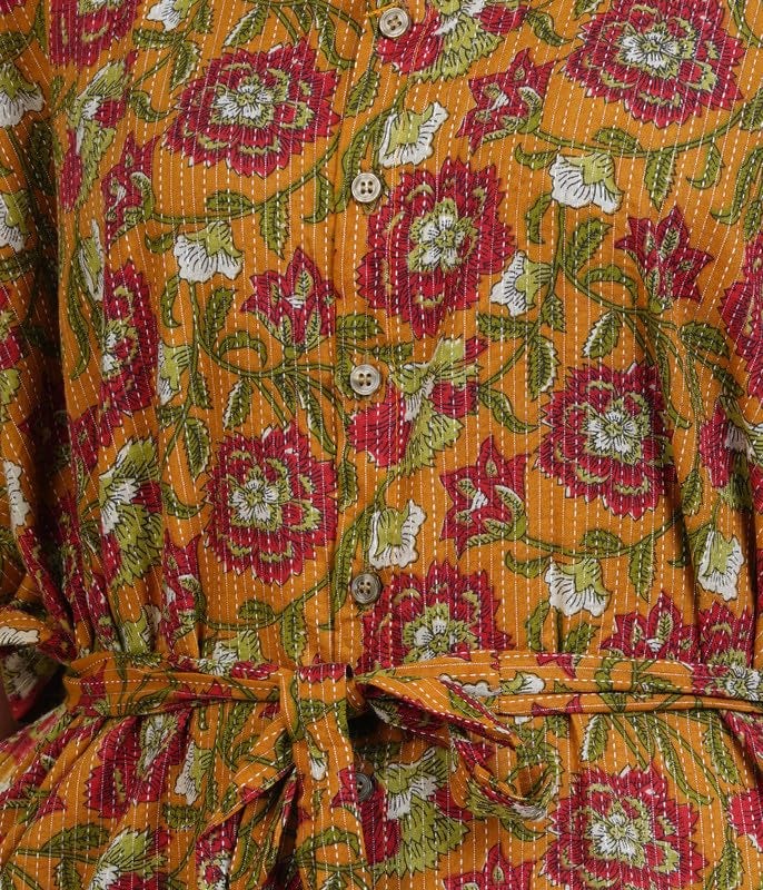 MENMAII Women's Full Open| Front Buttoned Multipurpose Kaftans for Pregnancy/Elderly/Patient/Feeding Purposes|Calf Length[Mustard Yellow Kantha Prints] - Image 4