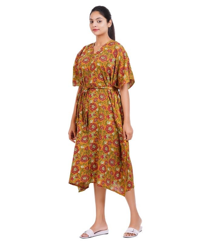 MENMAII Women's Full Open| Front Buttoned Multipurpose Kaftans for Pregnancy/Elderly/Patient/Feeding Purposes|Calf Length[Mustard Yellow Kantha Prints] - Image 3