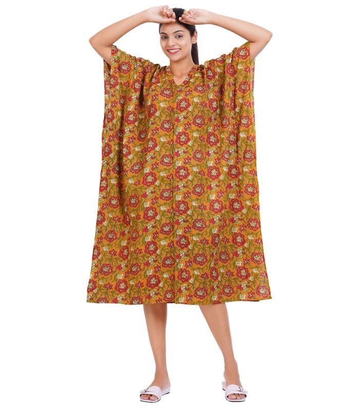 MENMAII Women's Full Open| Front Buttoned Multipurpose Kaftans for Pregnancy/Elderly/Patient/Feeding Purposes|Calf Length[Mustard Yellow Kantha Prints] - Image 1
