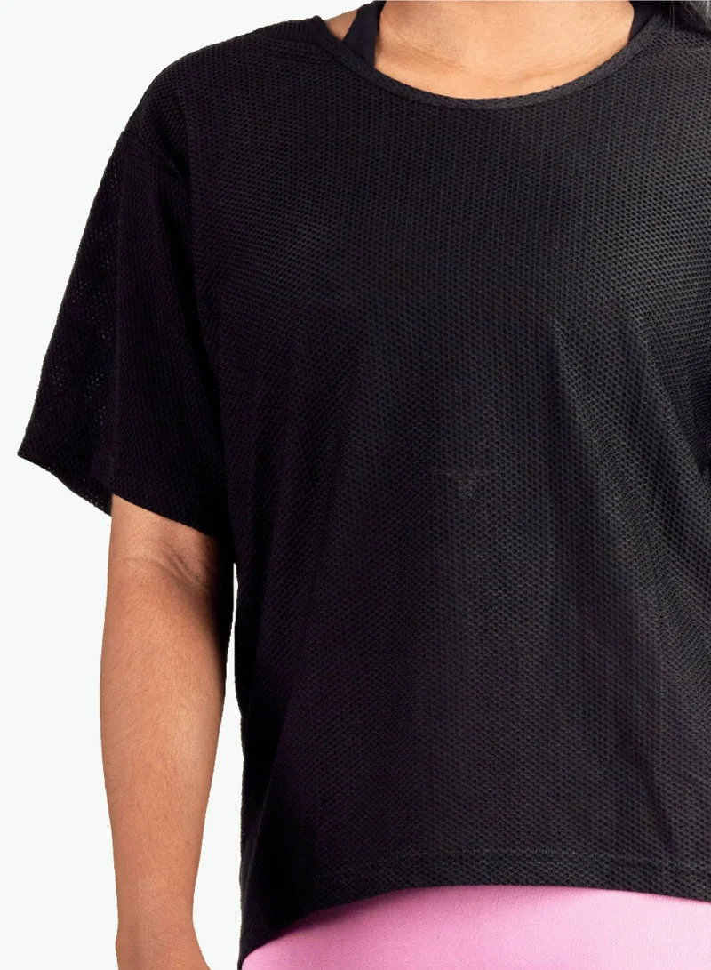 ثوجفيت Loose Short Sleeve Mesh Crop Top - Black