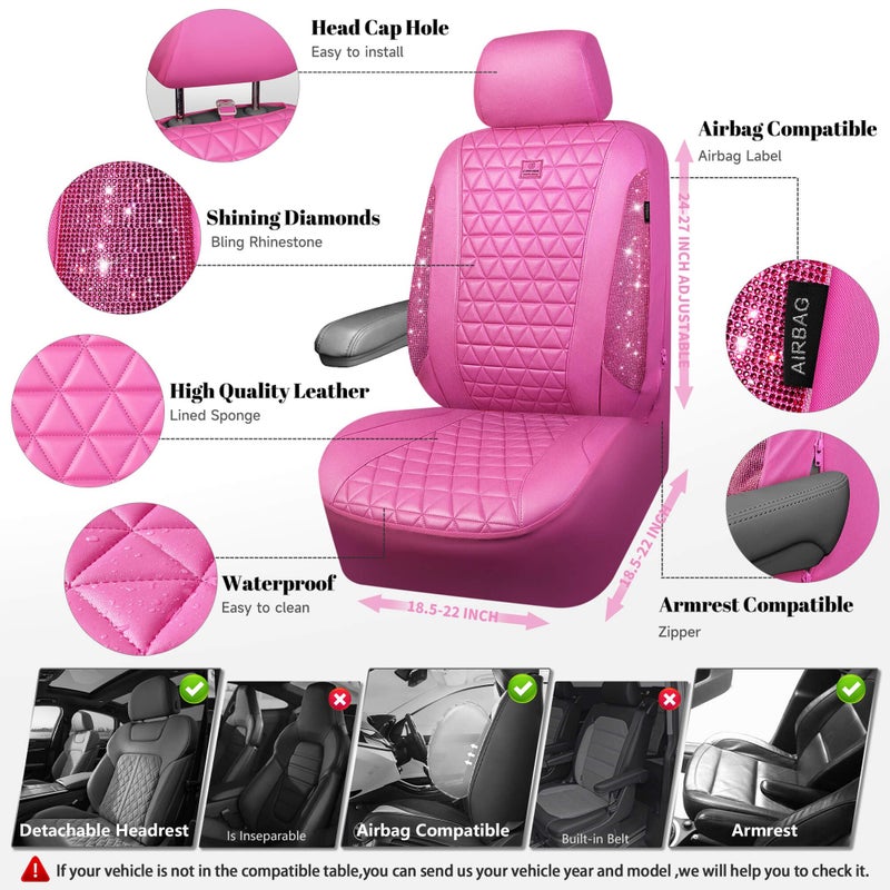 CAR PASS Hot Pink Bling Diamond Leather Car Seat Covers Full Sets, Waterproof Shining Glitter Sparkly Crystal Universal Armrest Fit for Automotive Truck SUV Cute Women Girl,Hot Pink Rhinestone - Image 3