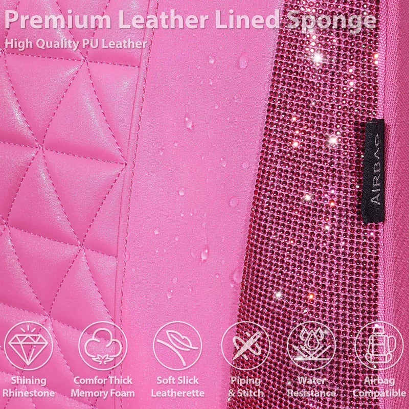 CAR PASS Hot Pink Bling Diamond Leather Car Seat Covers Full Sets, Waterproof Shining Glitter Sparkly Crystal Universal Armrest Fit for Automotive Truck SUV Cute Women Girl,Hot Pink Rhinestone - Image 4