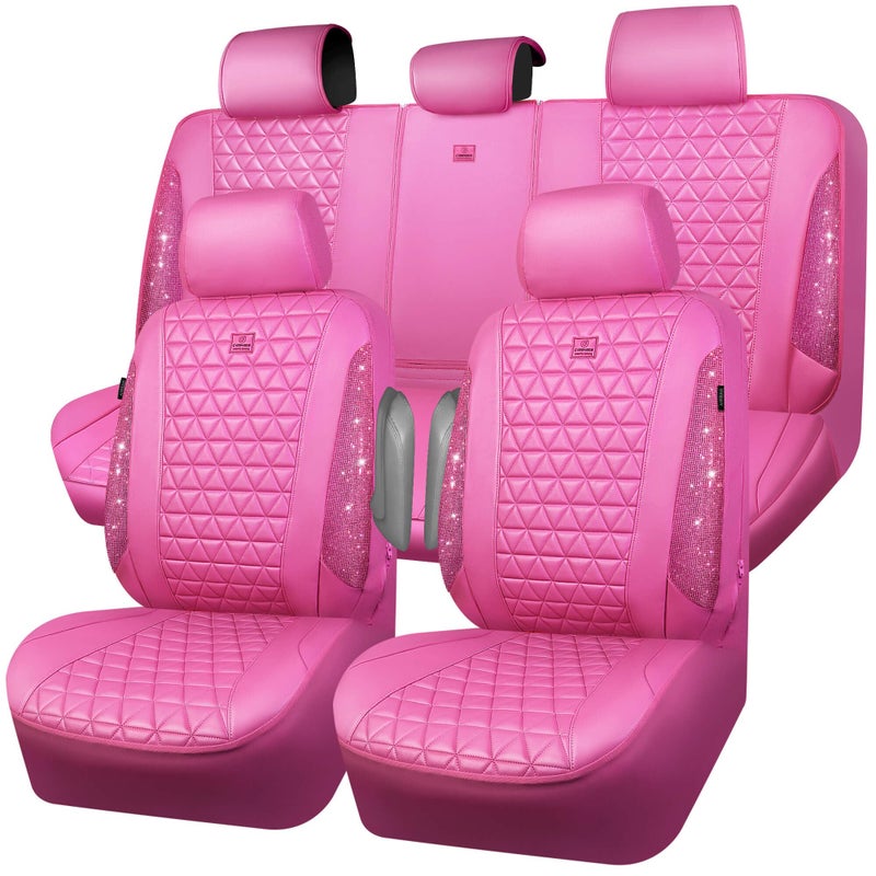 CAR PASS Hot Pink Bling Diamond Leather Car Seat Covers Full Sets, Waterproof Shining Glitter Sparkly Crystal Universal Armrest Fit for Automotive Truck SUV Cute Women Girl,Hot Pink Rhinestone - Image 1