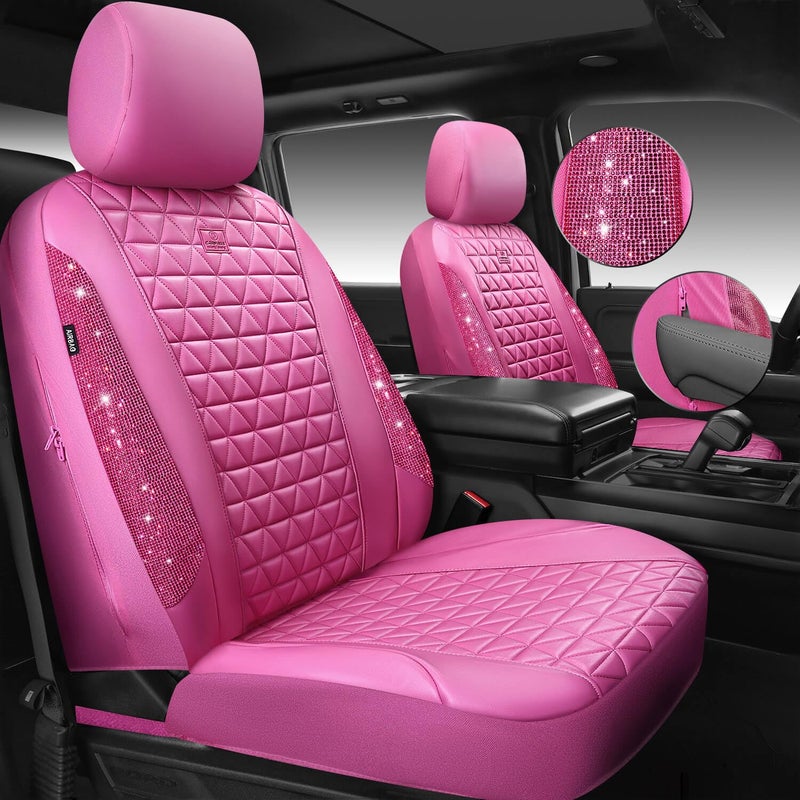 CAR PASS Hot Pink Bling Diamond Leather Car Seat Covers Full Sets, Waterproof Shining Glitter Sparkly Crystal Universal Armrest Fit for Automotive Truck SUV Cute Women Girl,Hot Pink Rhinestone - Image 2