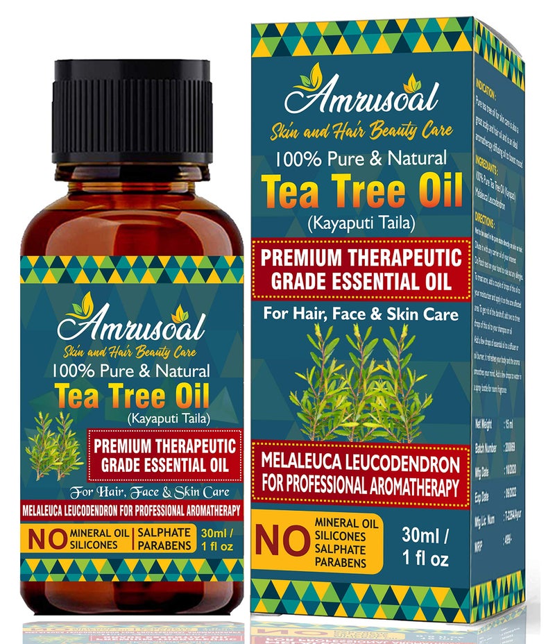 AMRUSOAL Tea Tree Oil (30ml) for Aromatherapy | Healthy Skin | Face and Hair - 100% Organic Remedy for Dandruff | Acne | Skin Pimple | Stress and More. ? (Therapeutic Grade Tea Tree Oil)