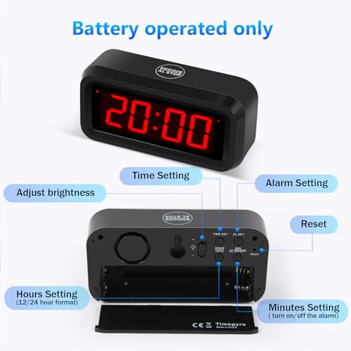 Timegyro Digital Alarm Clock Battery Operated with LED Display for Bedrooms, Long Battery Life for 12 Months, 3 Brightness Adjustable, 12/24 Hour, Snooze, Black Case with Red Digits - Image 4