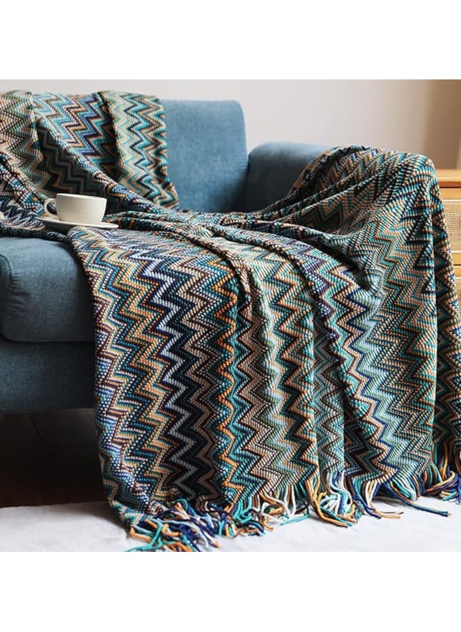General Boho Throw Blanket, Home Decor Stripe Woven Blanket with Tassels, Super Soft Cozy Lightweight Warm for Chair Bed Couch Decorative, Knit Throw Blankets for Bed Couch Sofa Office (130x200cm, Blue)  - Image 1