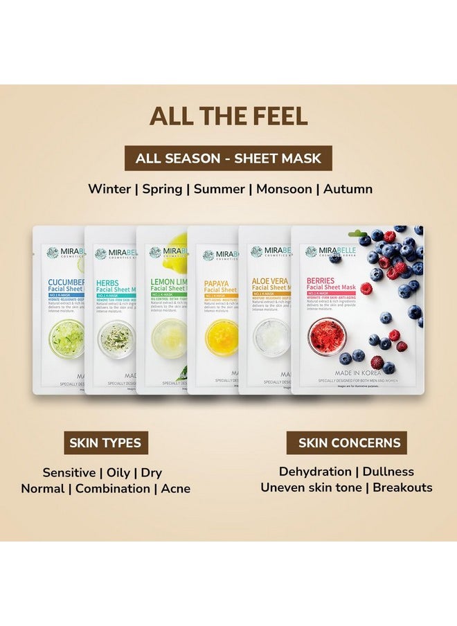 MIRABELLE Cosmetics Korea Fairness Facial Mask (Aloe Vera, Berries, Cucumber, Herbs, Lemon, Papaya) -Combo Pack Of 6  - Image 2