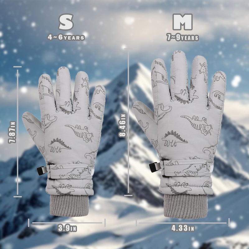 LPMOERA Kids Gloves Winter Toddler Snow Waterproof Gloves Kids Mittens for Boys Girls Ski Glove Warm Thermal Fleece Gray Dinosaur S (4-6T) - Image 3