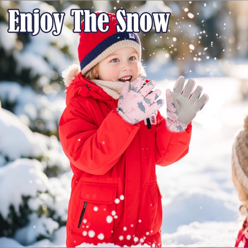 LPMOERA Kids Gloves Winter Toddler Snow Waterproof Gloves Kids Mittens for Boys Girls Ski Glove Warm Thermal Fleece Gray Dinosaur S (4-6T) - Image 4