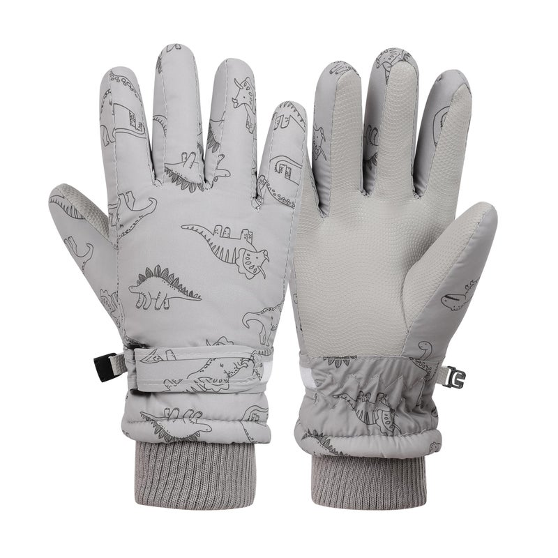 LPMOERA Kids Gloves Winter Toddler Snow Waterproof Gloves Kids Mittens for Boys Girls Ski Glove Warm Thermal Fleece Gray Dinosaur S (4-6T) - Image 1