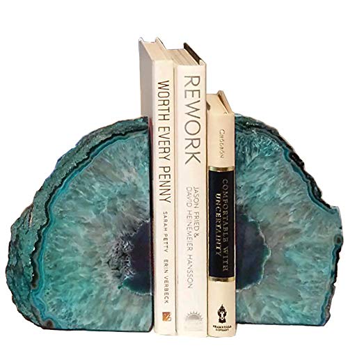 AMOYSTONE Agate Geode Bookends Heavy Duty Stone Book Ends Decorative Bookend Holder Home Office Decor with Rubber Bumpers Teal 1 Pair, 2-3 LBS - Image 1