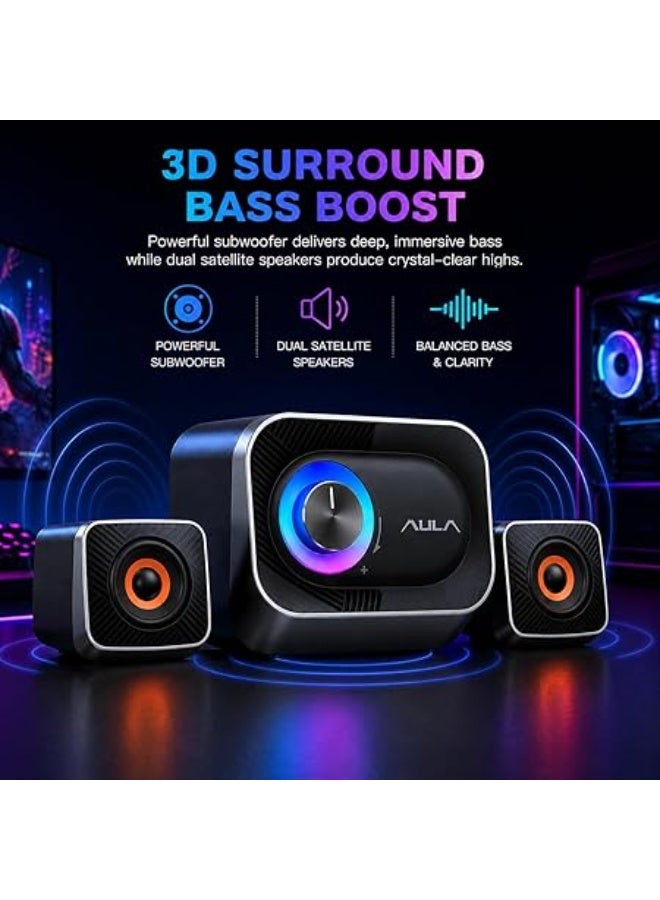 AULA A200 Pro 2.1 Stereo Gaming Speakers – RGB Lighting, 11W Powerful Sound, Subwoofer with Deep Bass, USB Powered PC & Laptop Speakers - Image 3
