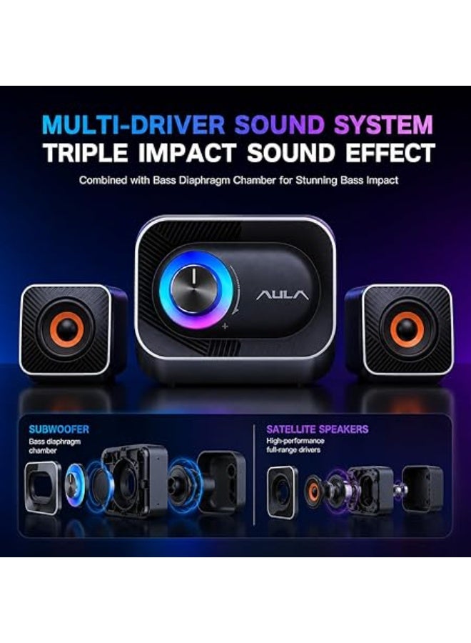 AULA A200 Pro 2.1 Stereo Gaming Speakers – RGB Lighting, 11W Powerful Sound, Subwoofer with Deep Bass, USB Powered PC & Laptop Speakers - Image 2