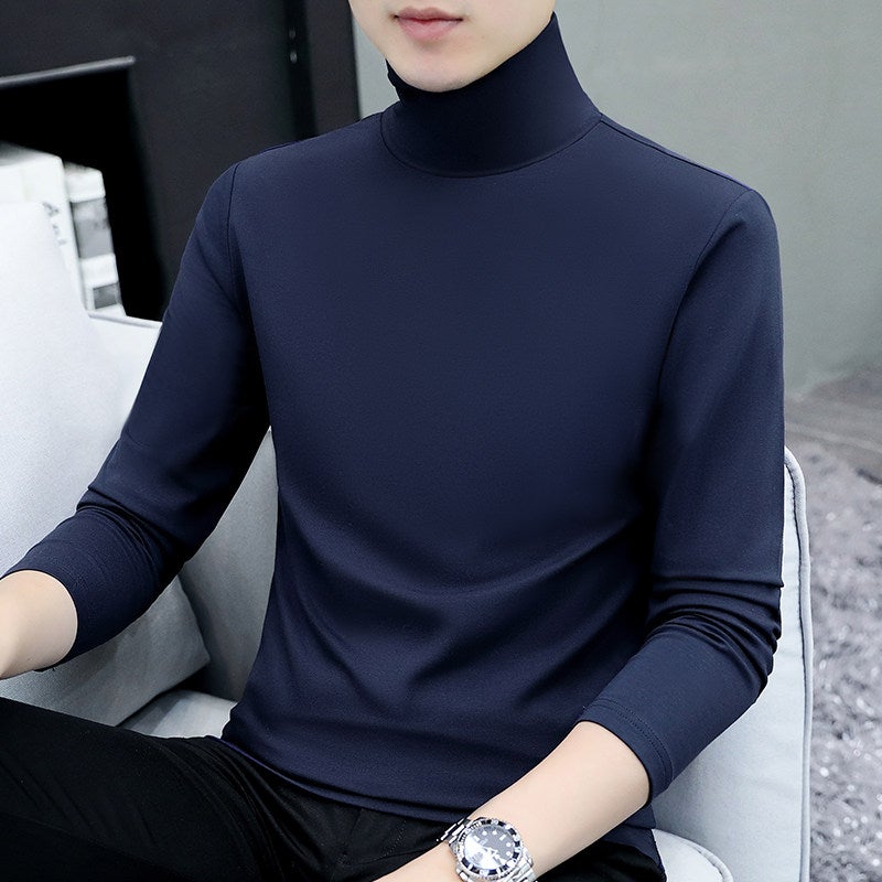 High-quality solid color mid-collar pure cotton long-sleeved T-shirt men's autumn clothes simple and thin ins style half-turtleneck base shirt - Image 3