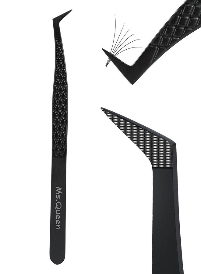 Ms.Queen Fiber Tip Lash Tweezers, Precise Diamond Grip L-Shape Boot Volume Eyelash Extension Tweezers,Black - Image 1