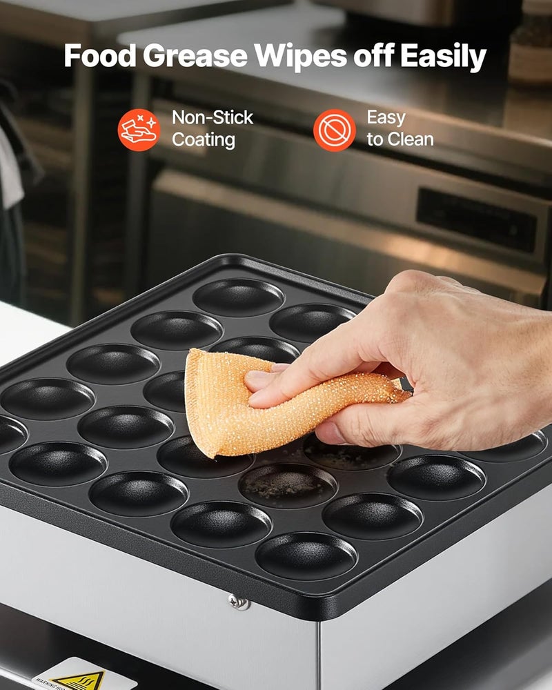 VEVOR Mini Pancake Maker, 25PCS 43mm Diameter Dutch Muffin Waffle Baker, Non-stick Stainless Steel Poffertjes Grill, Commercial Electric Dorayaki Machine, Temp & Time Control, Home Kitchen Restaurant - Image 4