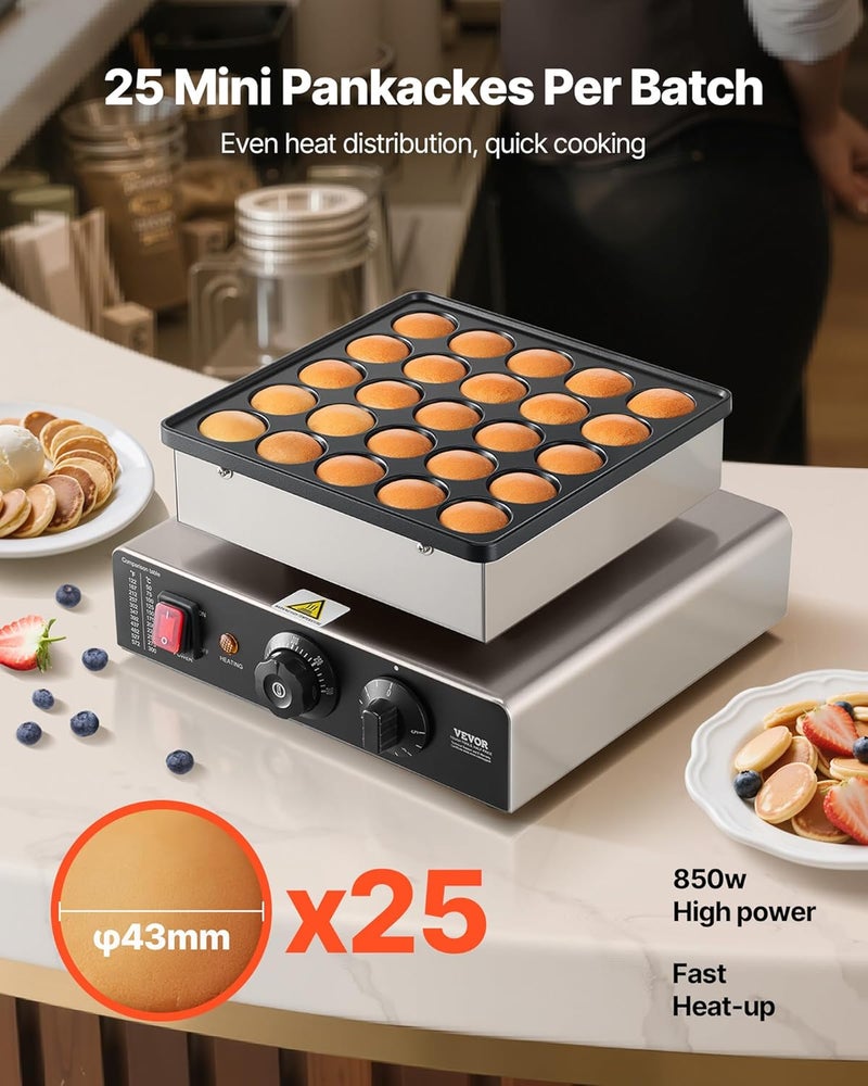 VEVOR Mini Pancake Maker, 25PCS 43mm Diameter Dutch Muffin Waffle Baker, Non-stick Stainless Steel Poffertjes Grill, Commercial Electric Dorayaki Machine, Temp & Time Control, Home Kitchen Restaurant - Image 2