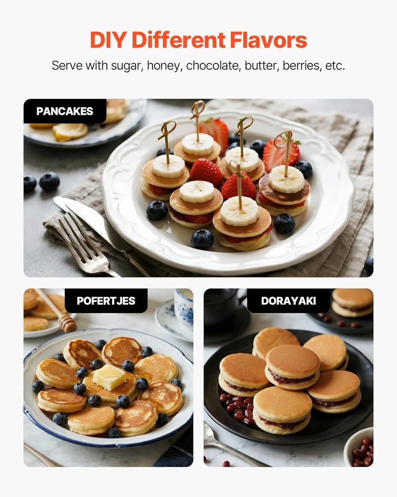 VEVOR Mini Pancake Maker, 25PCS 43mm Diameter Dutch Muffin Waffle Baker, Non-stick Stainless Steel Poffertjes Grill, Commercial Electric Dorayaki Machine, Temp & Time Control, Home Kitchen Restaurant - Image 5