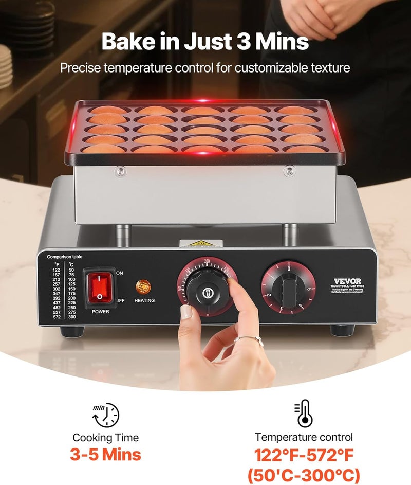 VEVOR Mini Pancake Maker, 25PCS 43mm Diameter Dutch Muffin Waffle Baker, Non-stick Stainless Steel Poffertjes Grill, Commercial Electric Dorayaki Machine, Temp & Time Control, Home Kitchen Restaurant - Image 3