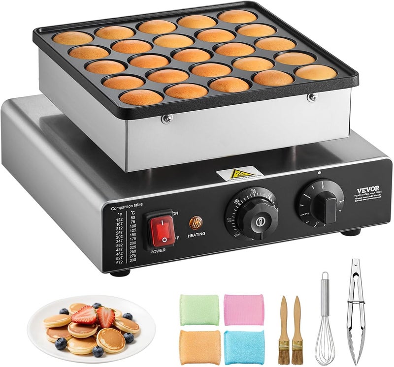 VEVOR Mini Pancake Maker, 25PCS 43mm Diameter Dutch Muffin Waffle Baker, Non-stick Stainless Steel Poffertjes Grill, Commercial Electric Dorayaki Machine, Temp & Time Control, Home Kitchen Restaurant - Image 1