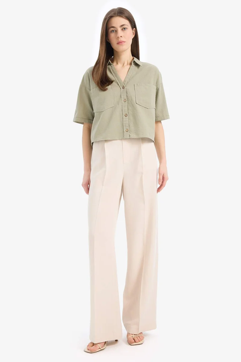 ديفاكتو Boxy Fit Shirt Collar Linen Blended Short Sleeve Shirt